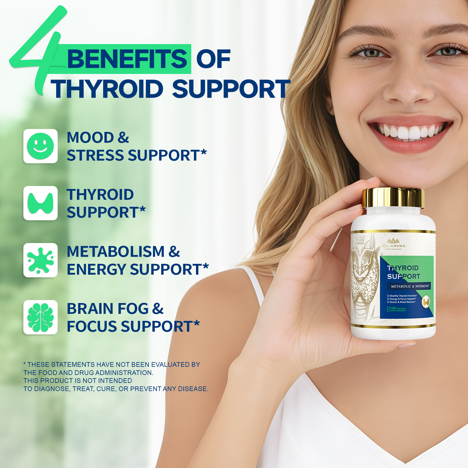 Thyroid Support Supplement with Iodine, Selenium, Zinc, B12, Ashwagandha & L-Tyrosine – 120 Capsules
