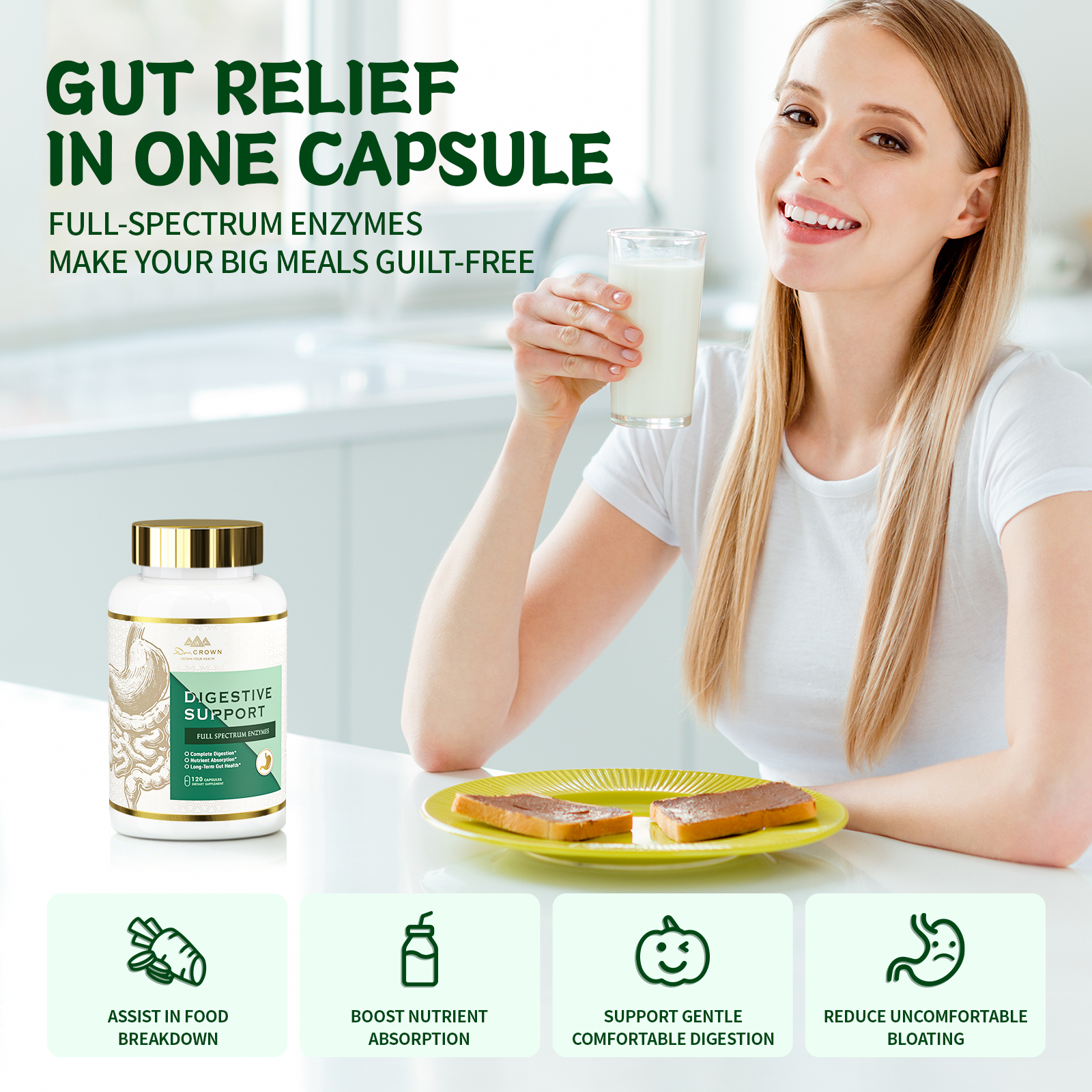 Digestive Enzyme Complex with Herbal Blend, DGL & Slippery Elm – 15 Enzymes for Daily Digestive Support – 120 Capsules