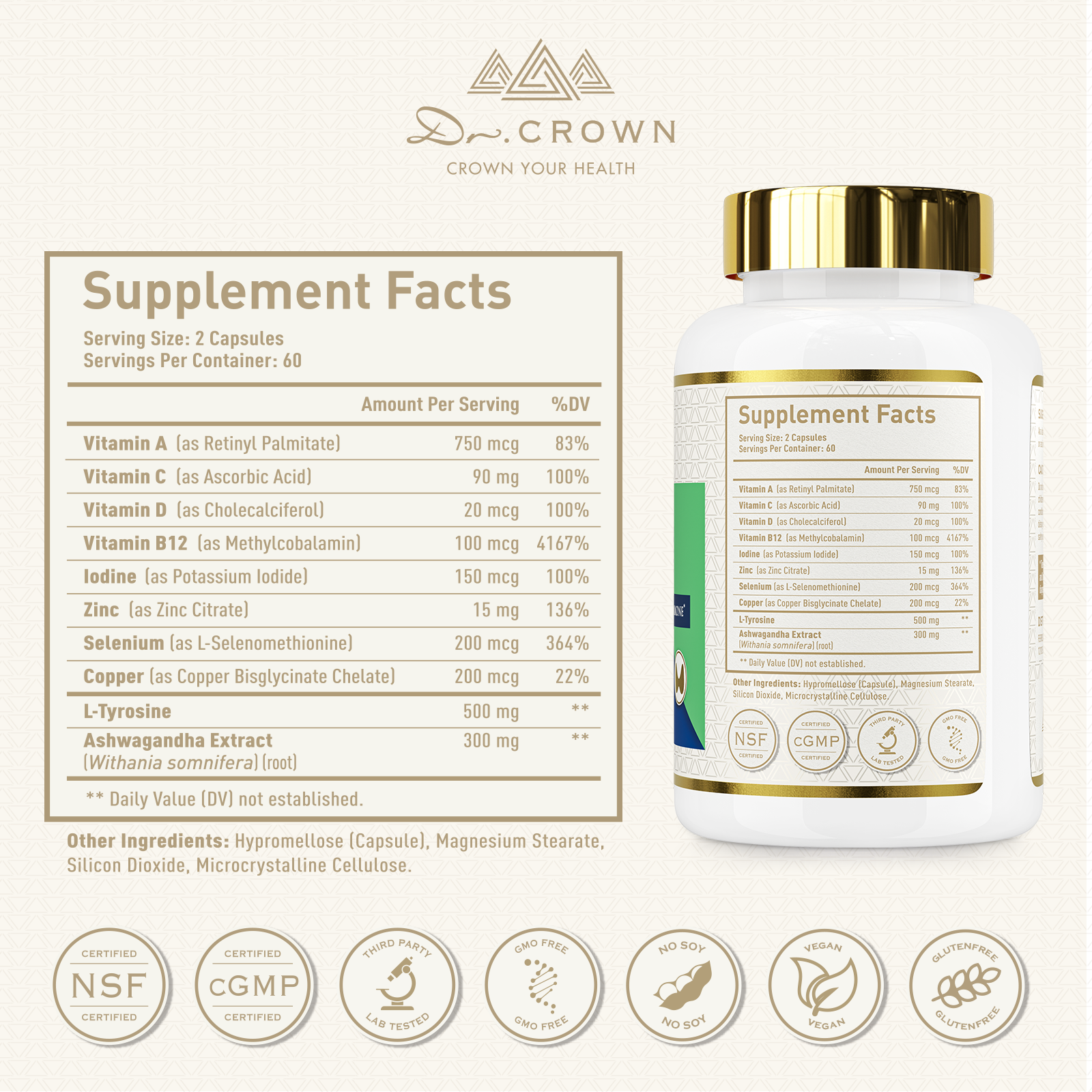 Thyroid Support Supplement with Iodine, Selenium, Zinc, B12, Ashwagandha & L-Tyrosine – 120 Capsules