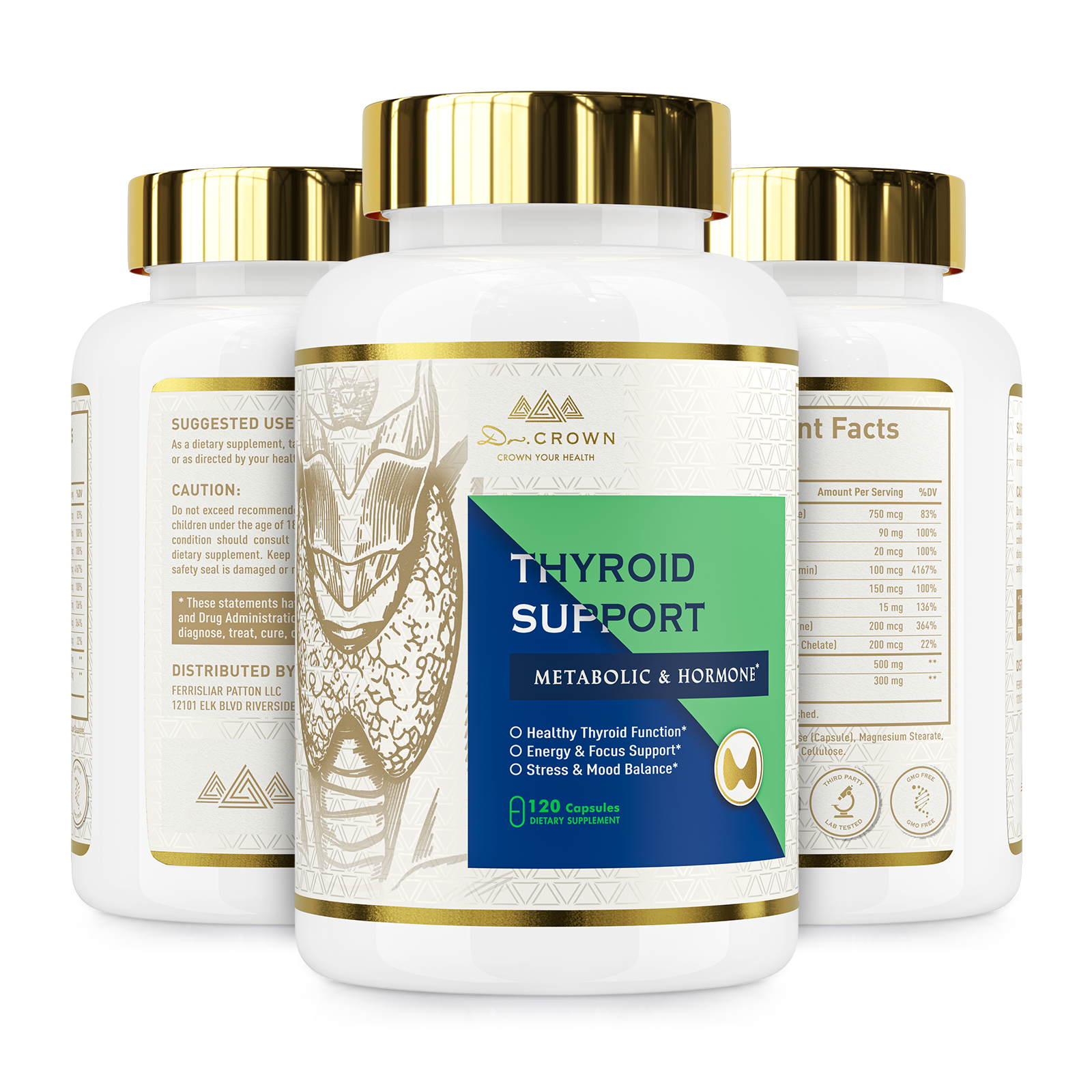 Thyroid Support Supplement with Iodine, Selenium, Zinc, B12, Ashwagandha & L-Tyrosine – 120 Capsules