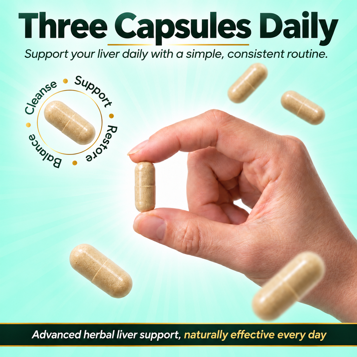Dr Crown liver support supplement dosage showing three capsules daily and a hand holding one capsule
