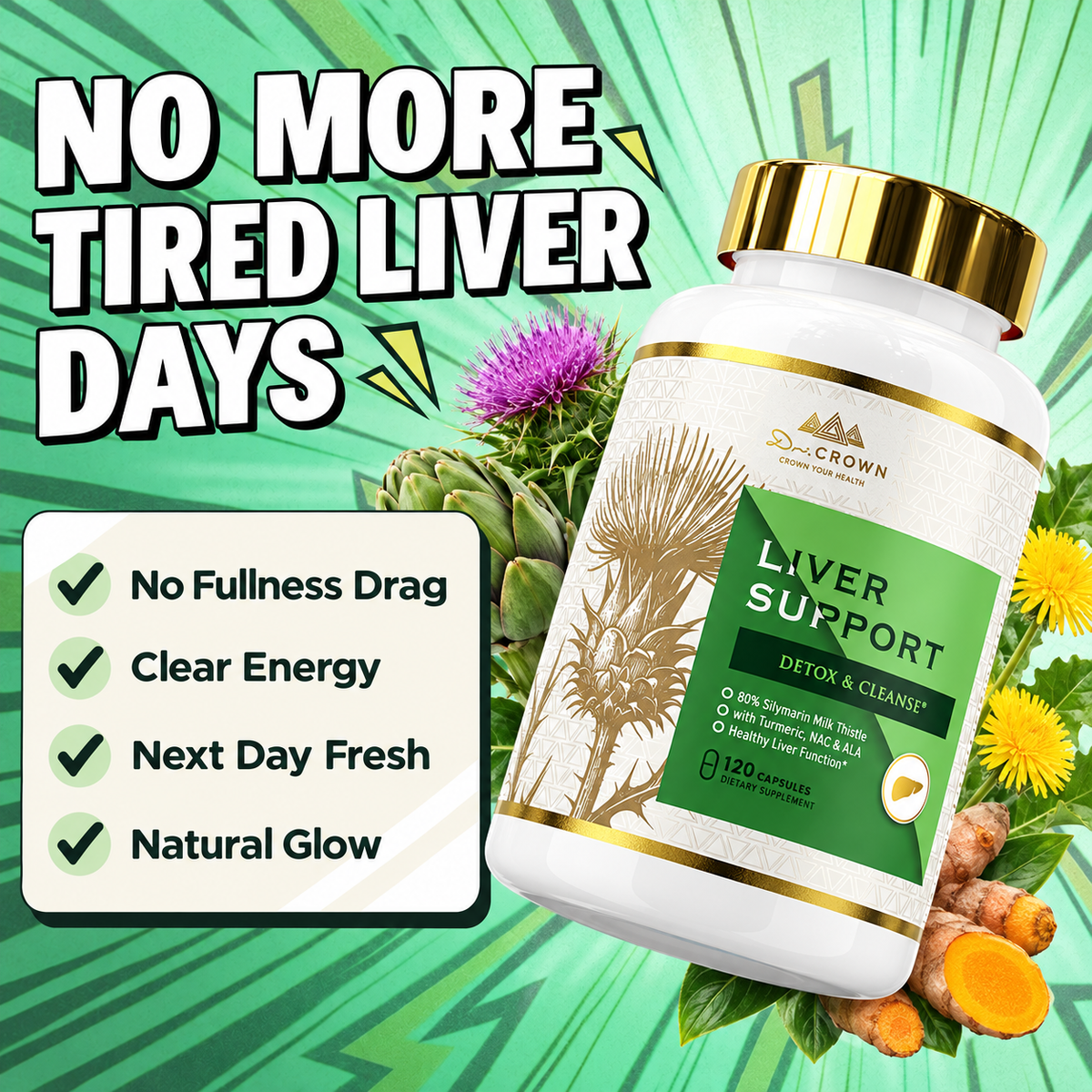 Dr Crown milk thistle liver support supplement with daily liver support benefits and herbal ingredients