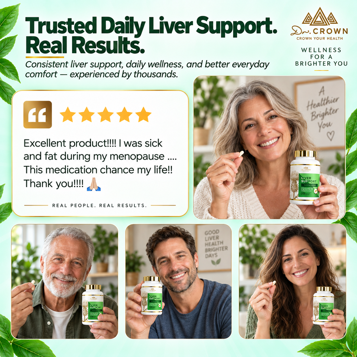 Dr Crown liver support supplement customer testimonial with five-star review and customers holding the product
