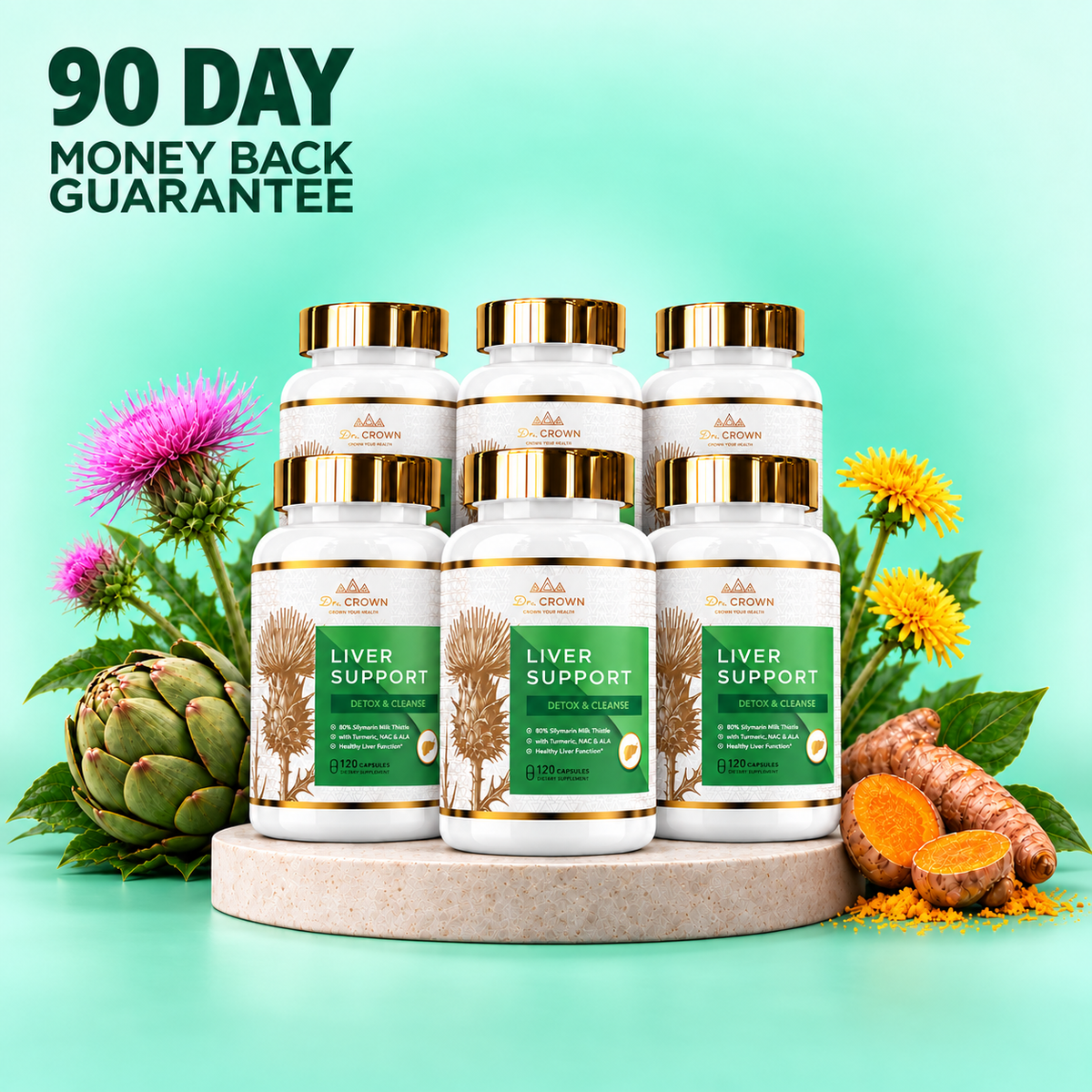 Six bottles of Dr Crown milk thistle liver support supplement with a 90-day money-back guarantee