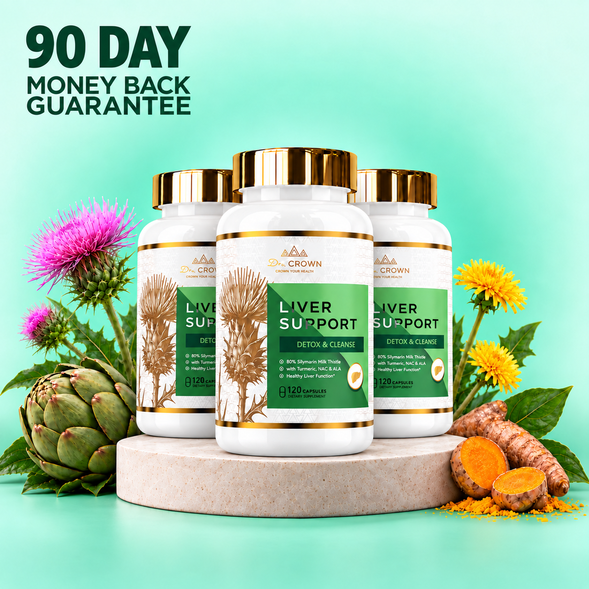Three bottles of Dr Crown milk thistle liver support supplement with a 90-day money-back guarantee